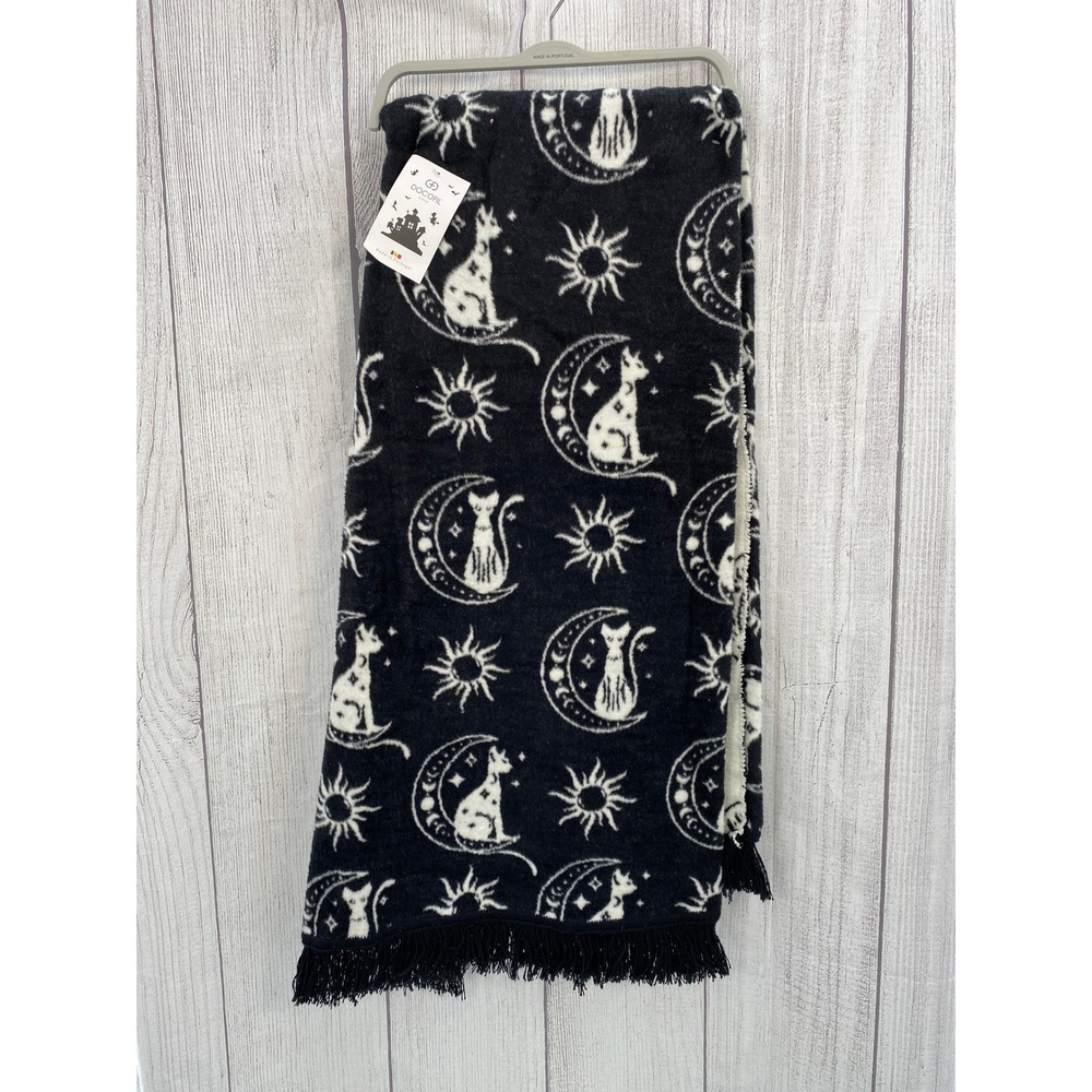 Docofil Throw Blanket 51x67 Black White Celestial Cat Moon Sun Fringe Halloween